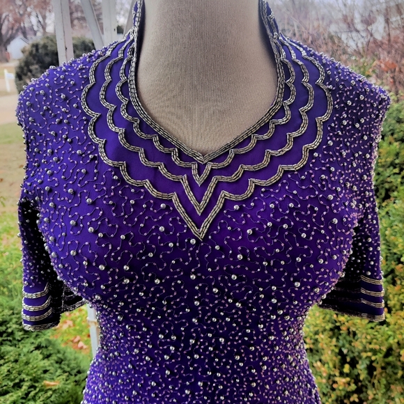 S/M 80s Royal Purple Beaded Glam Dress - Picture 2 of 8